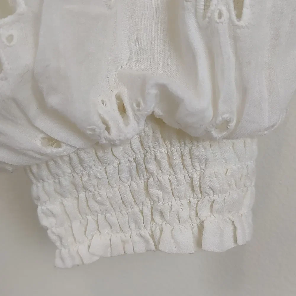 Anthropologie love the label Smocked Animal Print Eyelet Puff Sleeve Blouse NWT